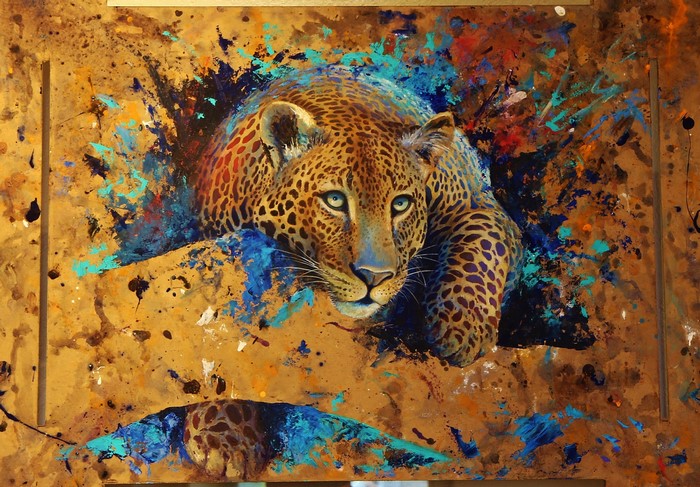 Leopard painting with abstract colorful splashes