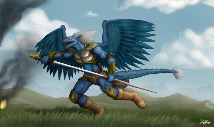 Blue dragon warrior with wings and sword