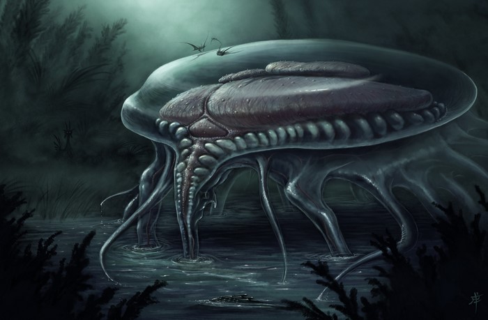 Alien jellyfish-like creature in a swamp
