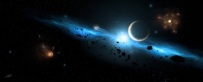 Space battle with planets and asteroids