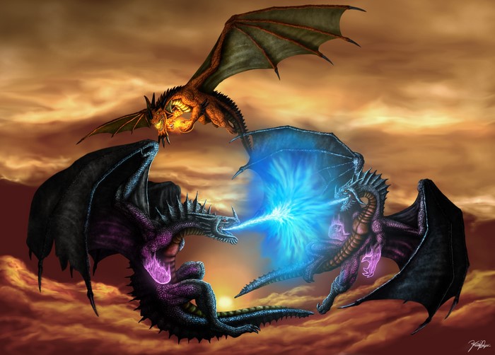 Three dragons battling with magical attacks in the sky