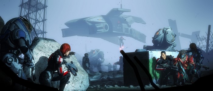 Mass Effect soldiers in a battle with a drop shuttle
