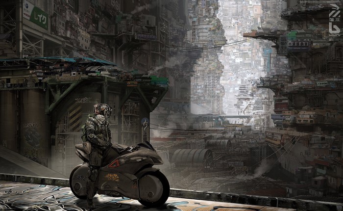 Motorcyclist in a futuristic, dystopian city