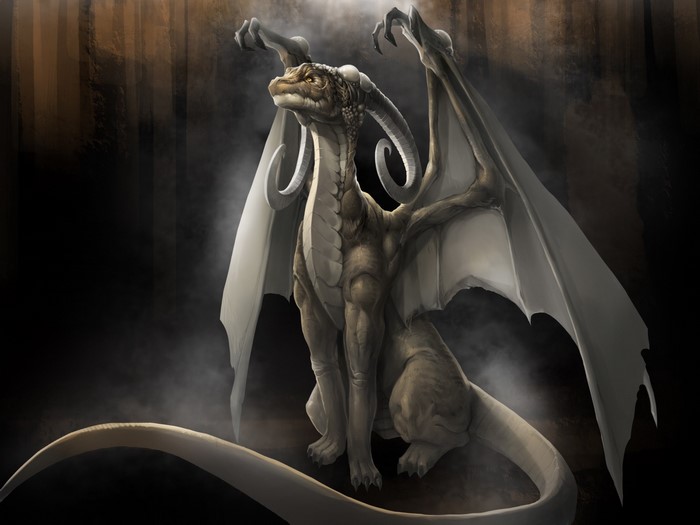 A dragon with large wings and horns