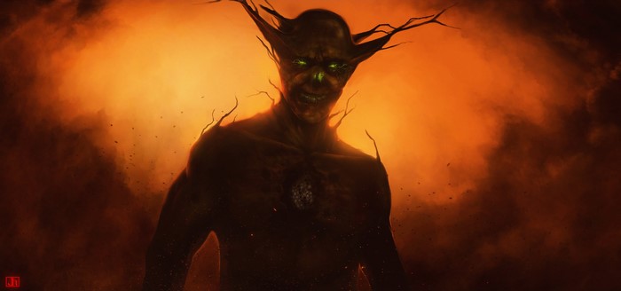 Demonic figure with glowing green eyes