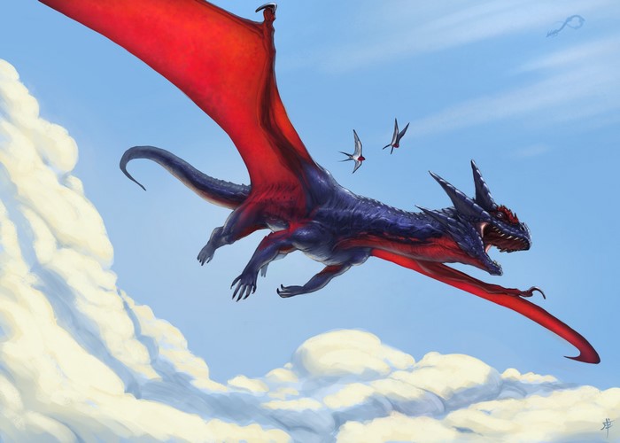 Dragon with red wings flying in the sky
