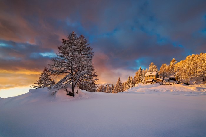 Winter sunset over the Alps in Italy