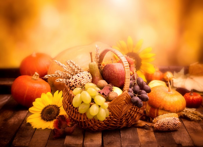 Autumn Harvest Basket with Pumpkins and Sunflowers