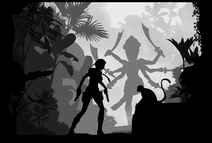Lara Croft from Tomb Raider in a jungle with a deity silhouette