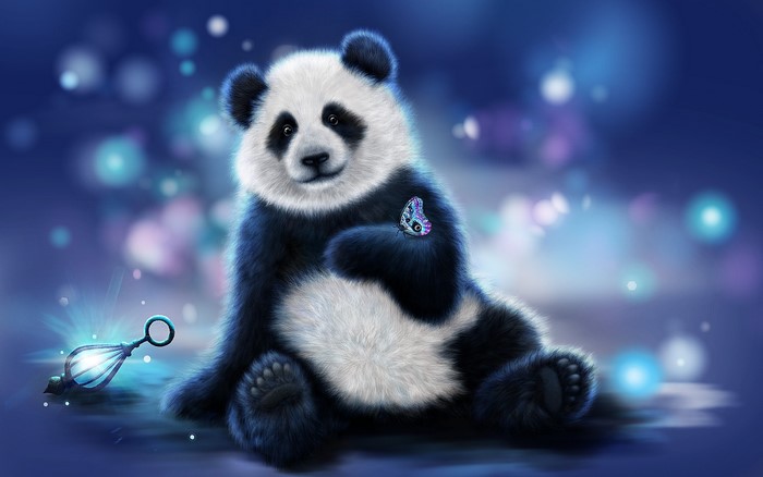 A panda with a butterfly and a lantern