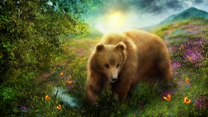 Brown bear walking through a field of flowers