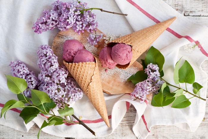 Ice cream cones with lilac flowers