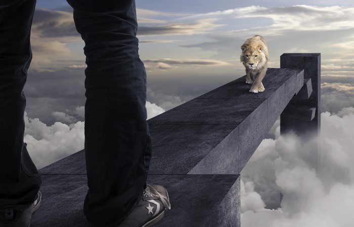 Man and lion on a bridge in clouds