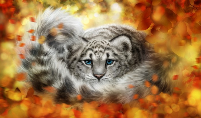 Snow leopard cub with blue eyes in autumn leaves