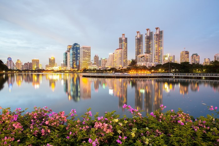 Bangkok Cityscape with Lake and Flowers