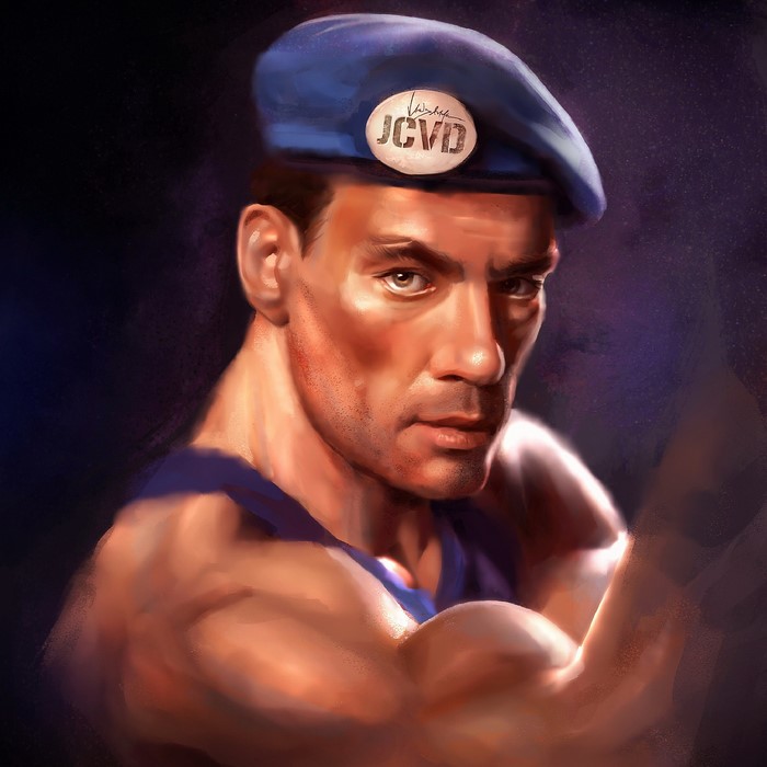 Jean-Claude Van Damme wearing a blue beret