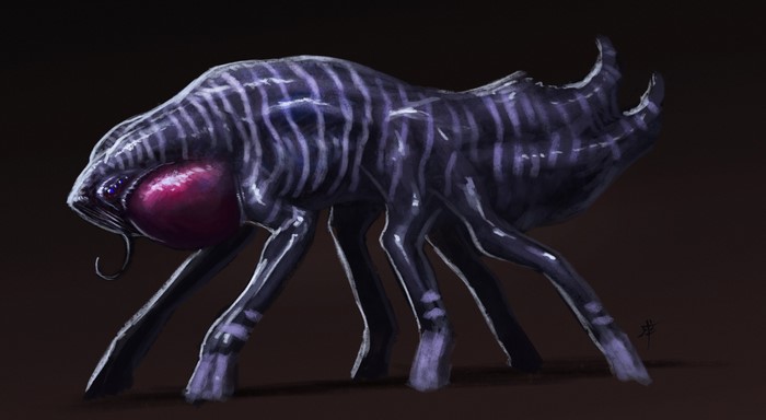 Alien creature with purple stripes and a large red eye