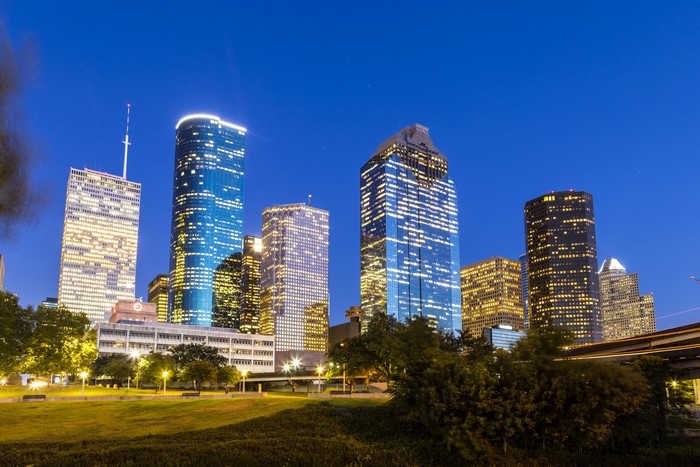 Houston Texas Skyline at Dusk with Street Lights