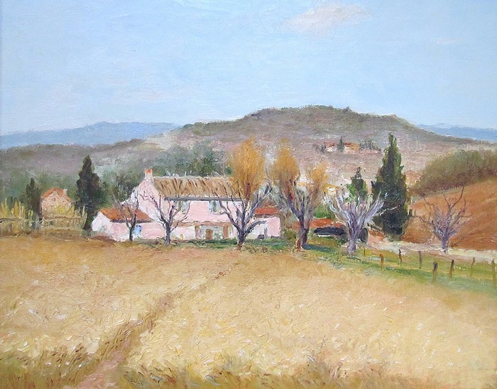 Painting of a pink house in a rural landscape