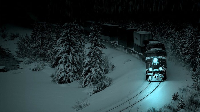 Train in a snowy forest at night
