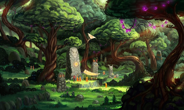 Fantastic world forest with ancient stones