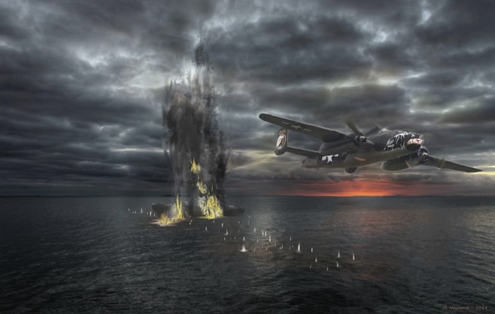 B-25 Mitchell Bomber Over Exploding Ships