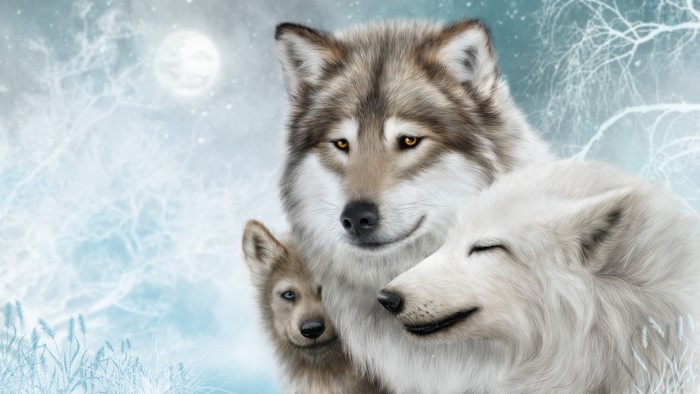 Three wolves in a snowy forest with moon