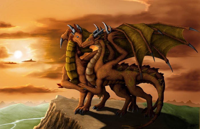 Two dragons embracing on a cliff at sunset