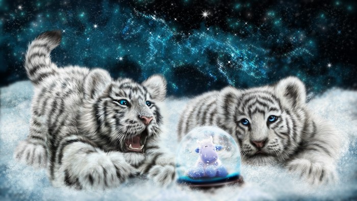 Two white tiger cubs with a snow globe