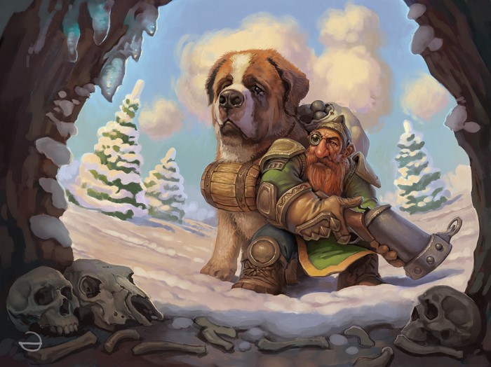 Gnome and St. Bernard in a snowy cave