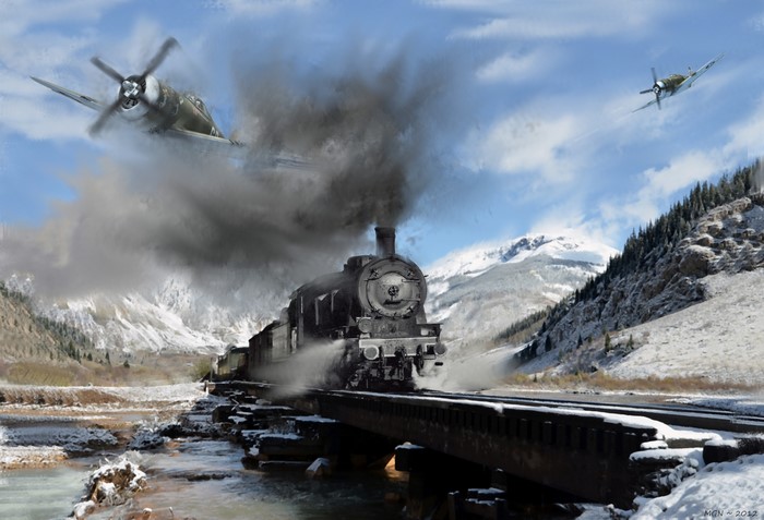 Two airplanes attack a troop train in a snowy mountain landscape