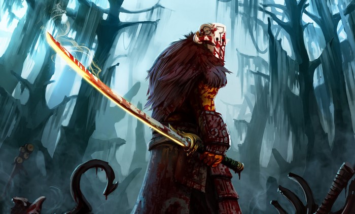 Bloody warrior with katana in a swamp