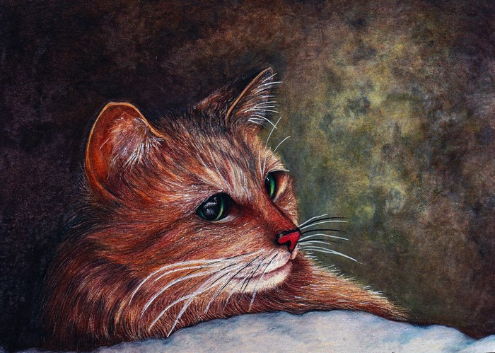 Painting of a ginger cat with green eyes