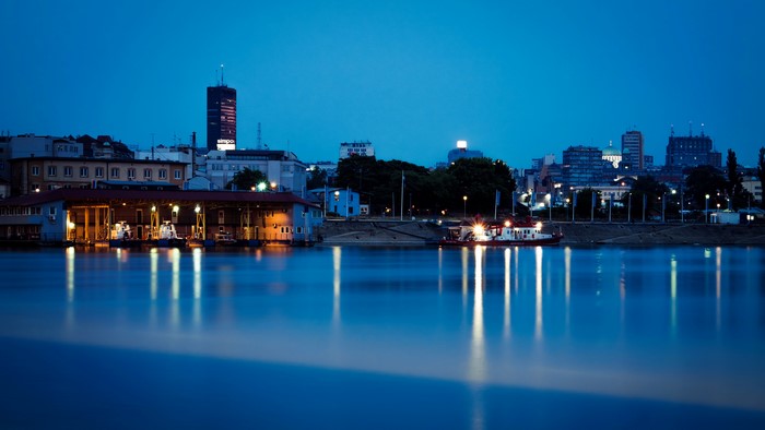 Belgrade, Serbia Skyline at Night over River