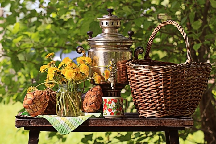 Still-life with Dandelions, Samovar, and Wicker Basket