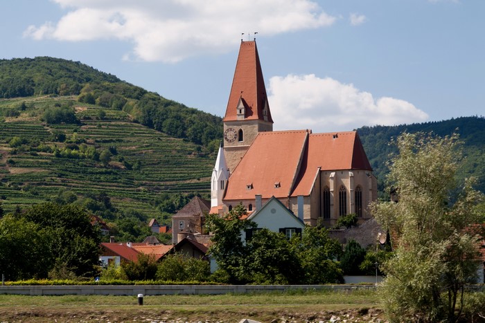 Church in Sankt Lorenz, Austria with vineyards