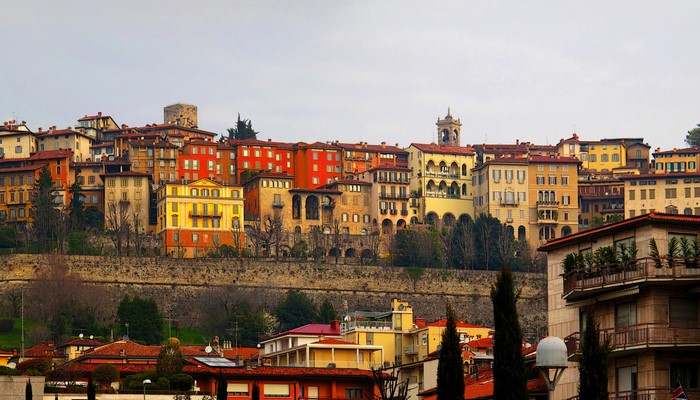Bergamo, Italy cityscape with colorful buildings on a hill
