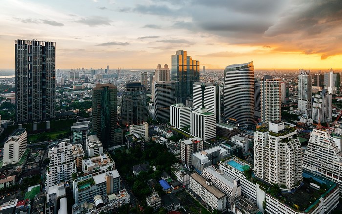 Bangkok cityscape at sunset with modern skyscrapers