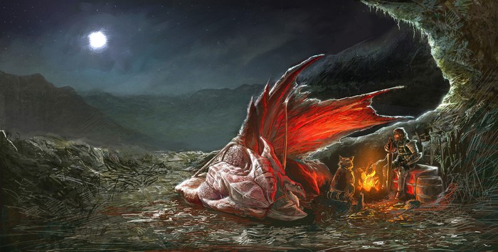 4K Dragon, Knight, and Felyne by a Campfire
