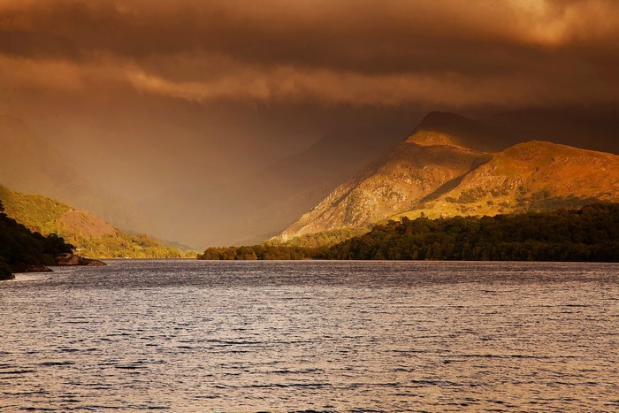 Lake and mountains during sunset
