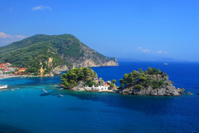 Panagia Island and coastal town in Greece