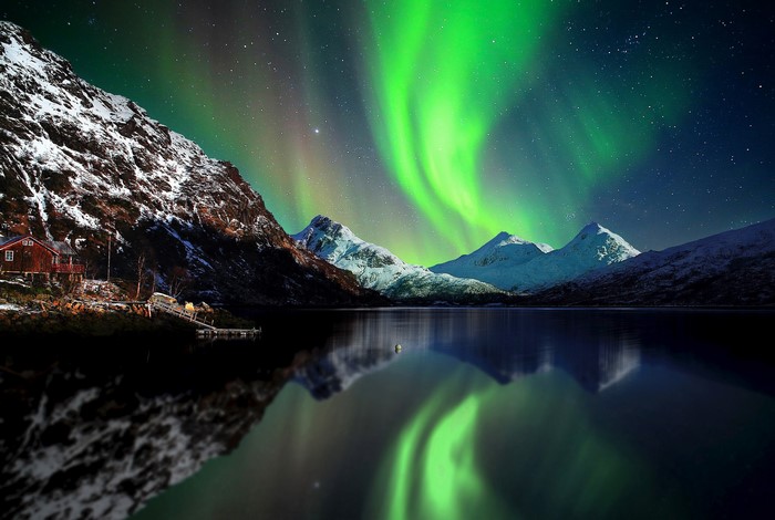 Norway Mountains Sea Aurora Snow