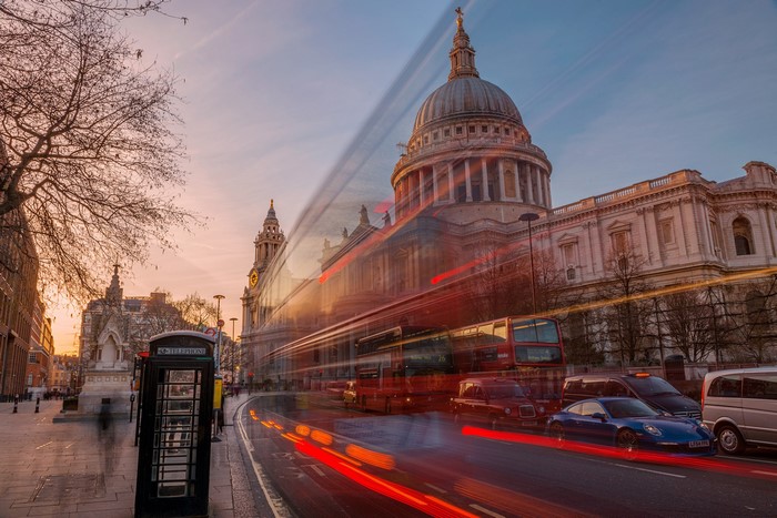 St. Paul's Cathedral, London Street Scene with Red Bus