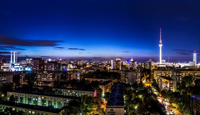 Berlin cityscape at night with TV tower