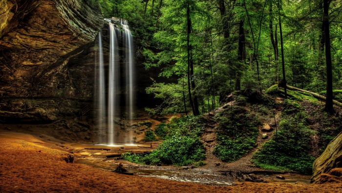 Waterfall in a lush green forest with rocky cliffs