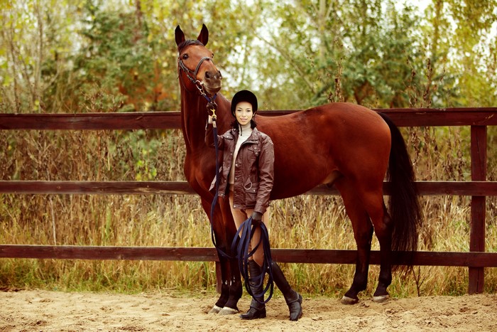 Woman in riding attire with a horse by a fence