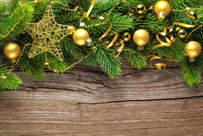 Christmas Spruce Branches with Gold Ornaments and Star