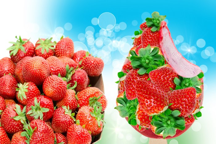Strawberries in a box and strawberry ice cream