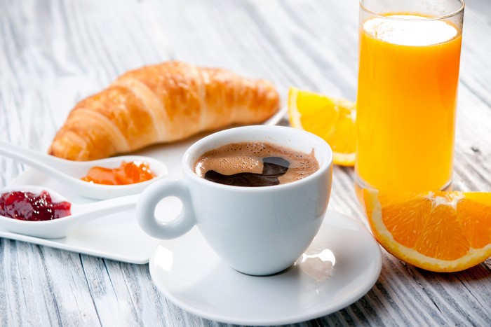 4K Coffee, Croissant, and Orange Juice Breakfast