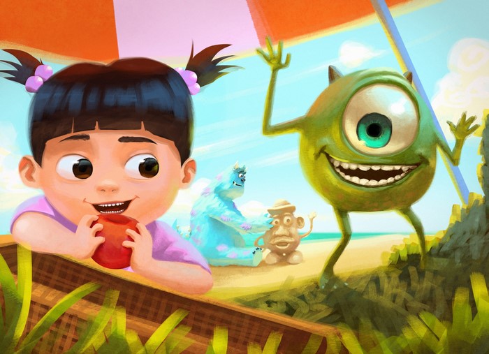 Boo, Mike Wazowski, and Sulley from Monsters, Inc. at the beach